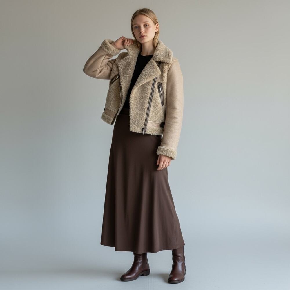 Ashley B‎ Sherpa Faux Suede Moto Jacket M Beige Zip Vegan Leeather Cozy Warm